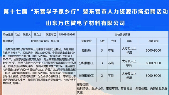 山东万达微电子材料有限公司招聘质检员、分切操作工、制膜操作工